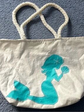Salvaged Sails White Recycled Tote Bag with Teal Mermaid